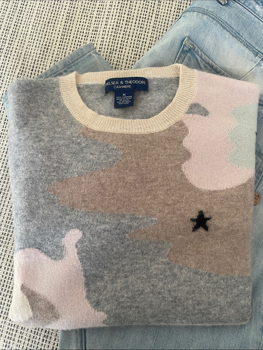 100% Cashmere Crew Neck Sweater in Pastel Camo Print by Chelsea & Theodore.